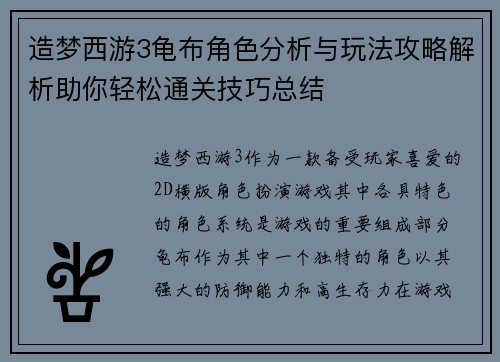 造梦西游3龟布角色分析与玩法攻略解析助你轻松通关技巧总结